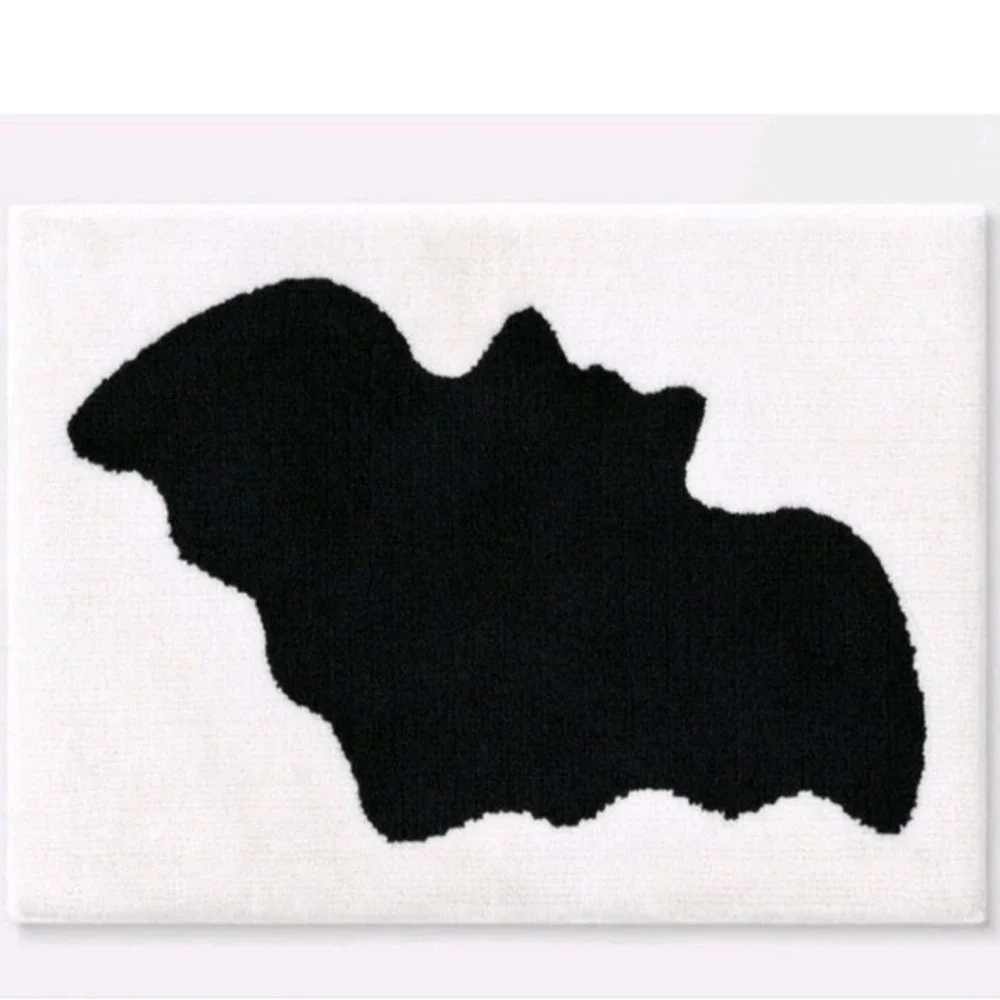 Halloween‎ Bath Mat Black Bat White Plush Spooky Season Decor NWT